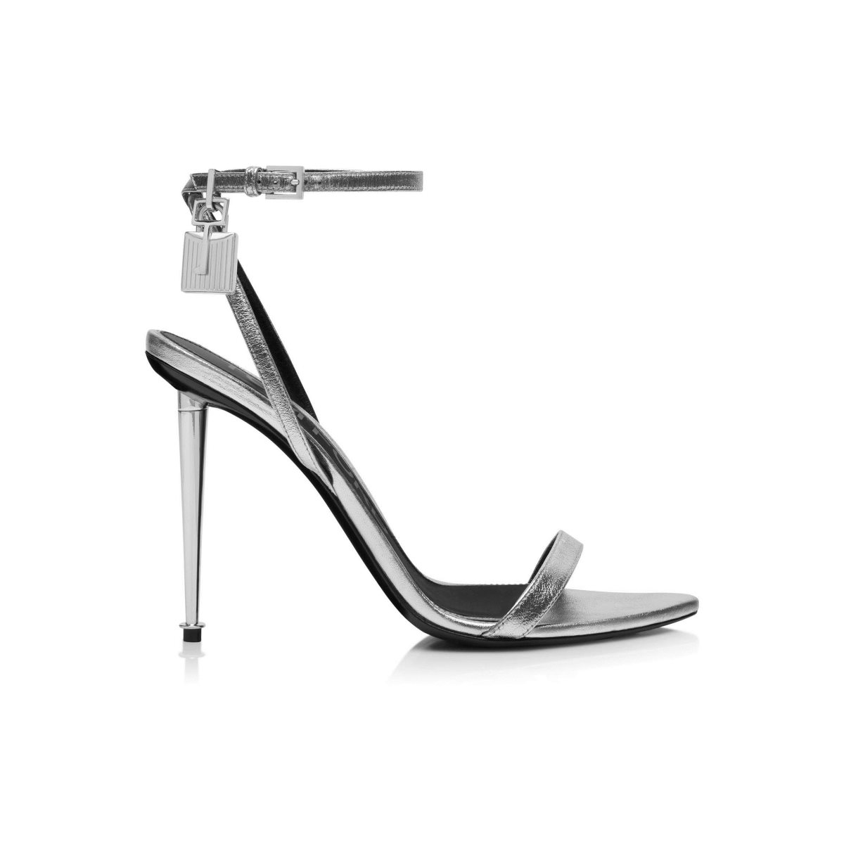 Tom Ford Laminated Nappa Läder Padlock Pointy Naked Sandaler Klack Dam Silver | 367PYKABF