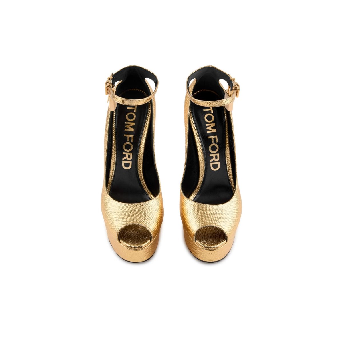 Tom Ford Laminated Printed Lizard Padlock Peep Tå Pumps Dam Guld | 369FYUDRK