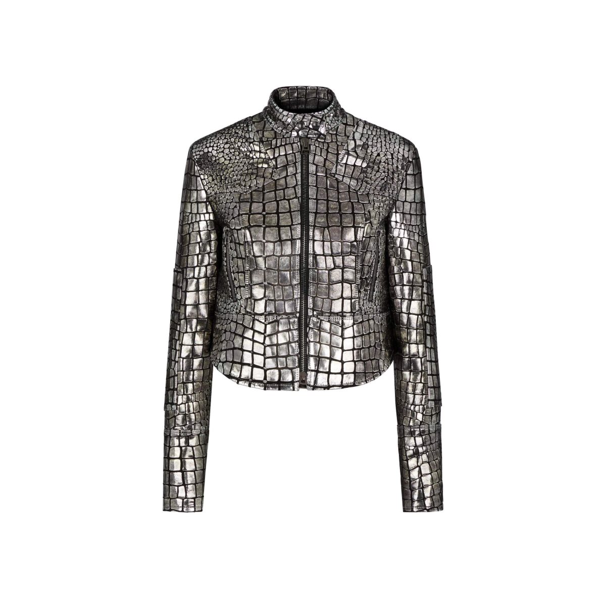 Tom Ford Metallic Printed Croc Läder Biker Jacket Ytterkläder Dam Silver | 894UGYPSD