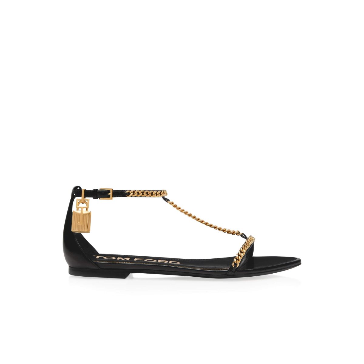 Tom Ford Shiny Läder Padlock Chain Sandal Platta Skor Dam Svarta | 316KAQOCW