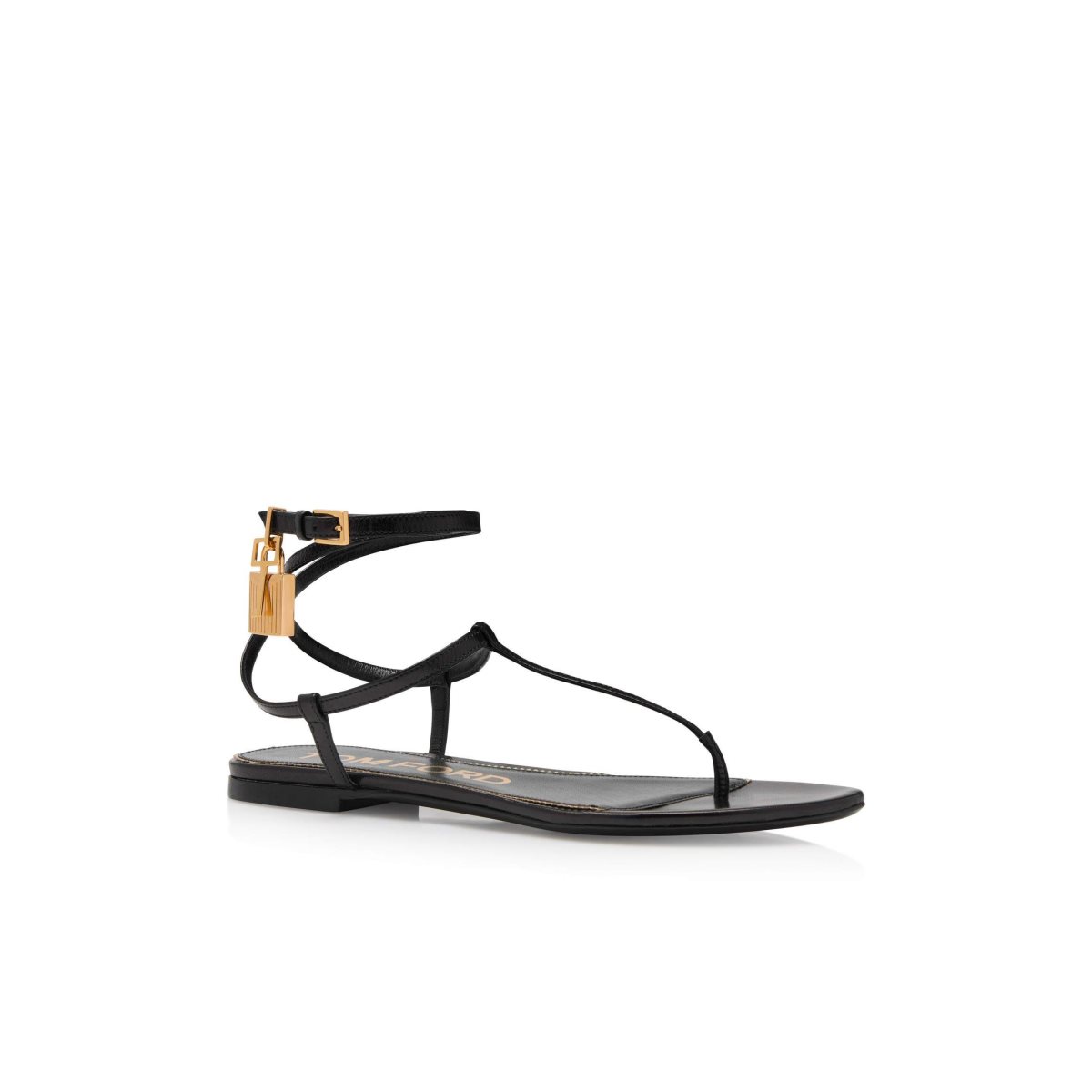 Tom Ford Shiny Läder Padlock String Sandal Platta Skor Dam Svarta | 986IBMPAK