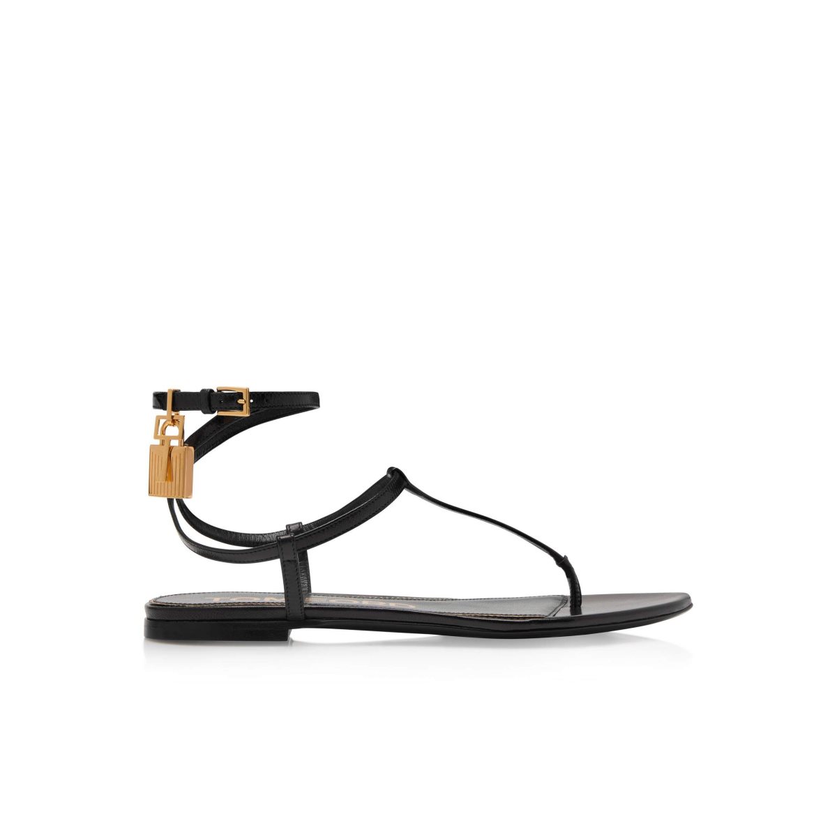 Tom Ford Shiny Läder Padlock String Sandal Platta Skor Dam Svarta | 986IBMPAK