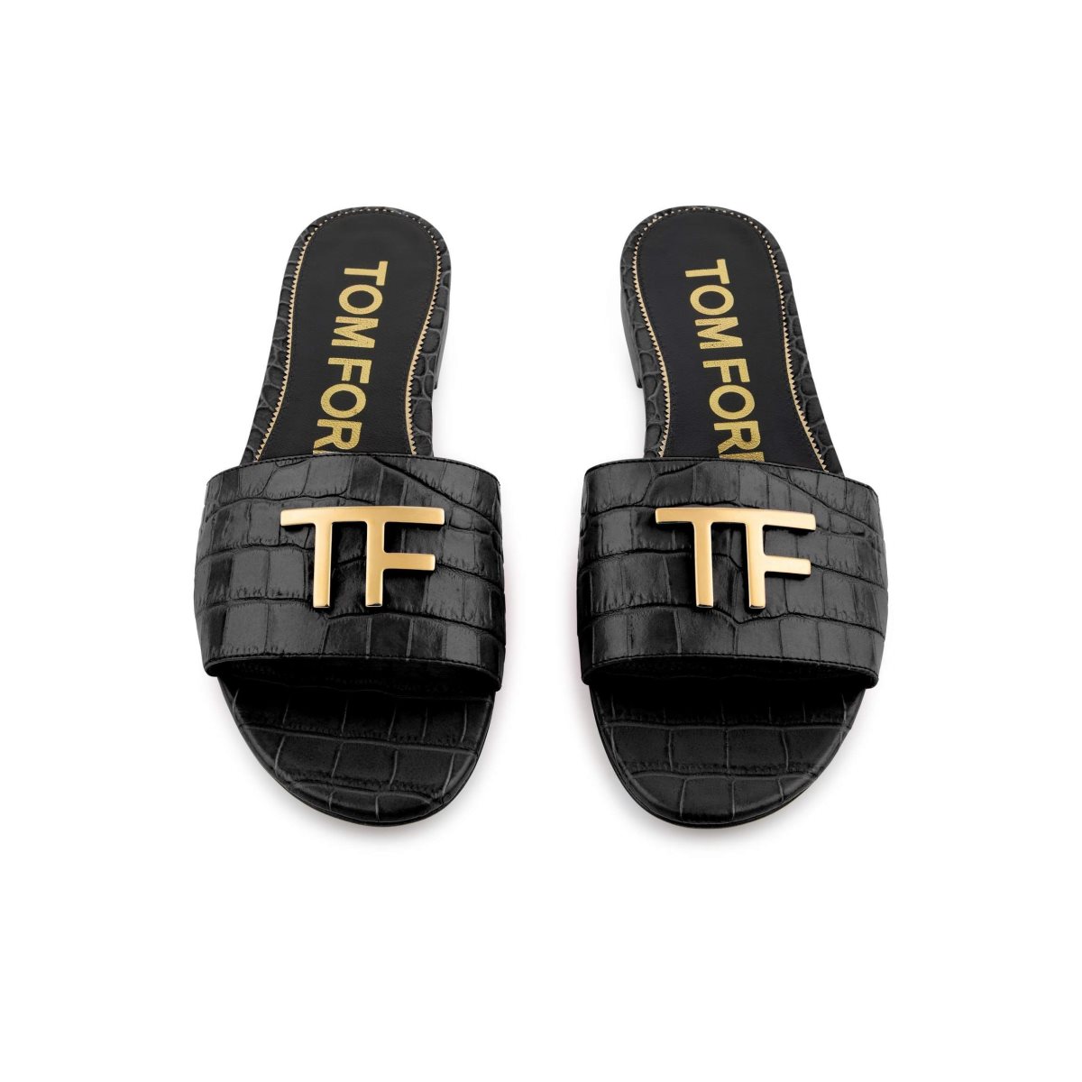 Tom Ford Shiny Stamped Crocodile Läder Tf Badtofflor Sandaler Dam Svarta | 541HZEQKD