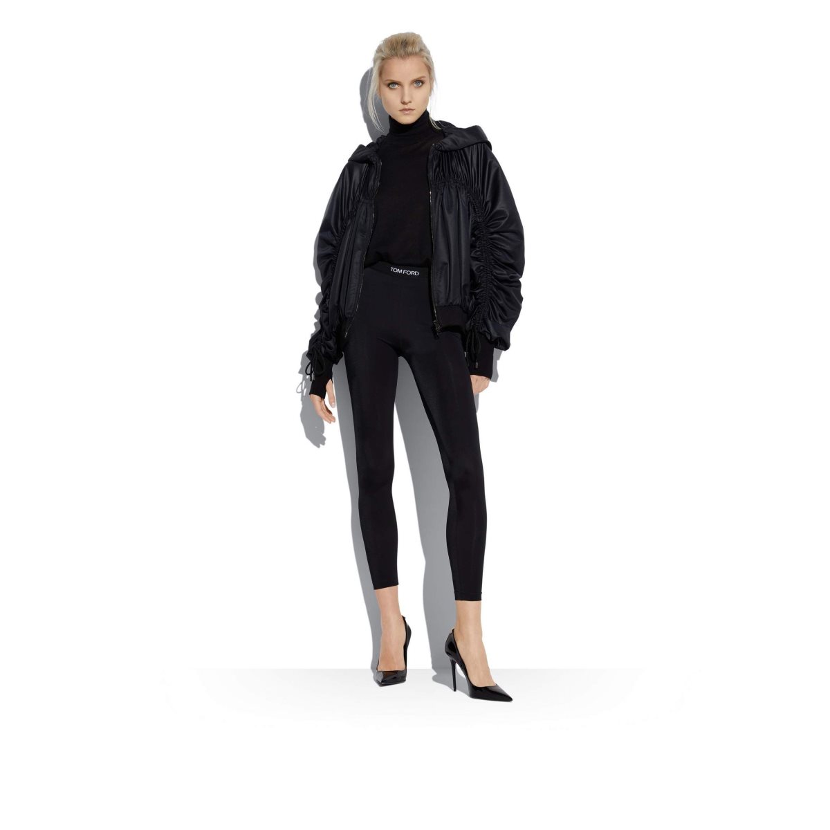 Tom Ford Shiny Technical Duchesse Ruched Hoodie Ytterkläder Dam Svarta | 136WQIRPF