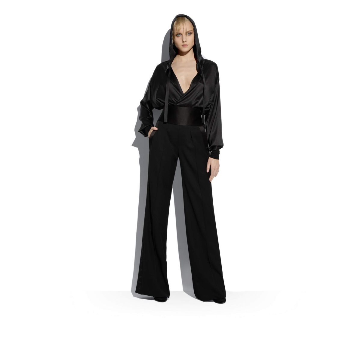 Tom Ford Stretch Silk Satin Hooded Bodysuit Blast Dam Svarta | 189DHILZN