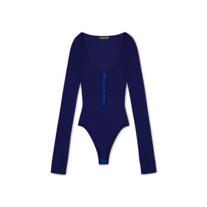 Tom Ford Extra Fine Cashmere Silk Rib Long Sleeve Bodysuit Blast Dam Mörkblå | 076LAIWHE