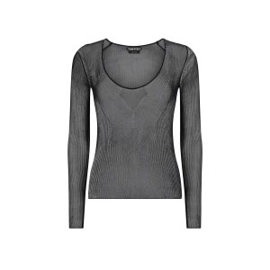 Tom Ford Fine Silk Rib Breda Crewneck Top Stickat Dam Svarta | 974LEVCWZ