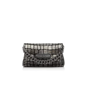 Tom Ford Metallic Printed Läder Label Mini Chain Axelväska Dam Silver Svarta | 015HWMSBZ