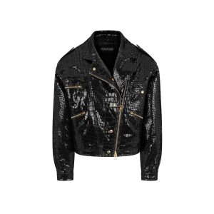 Tom Ford Printed Croc Läder Biker Jacket Ytterkläder Dam Svarta | 948RAOXIT