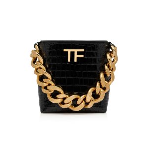 Tom Ford Shiny Stamped Crocodile Läder Tf Maxi Chain Mini Axelväska Dam Svarta | 180OLCXYD