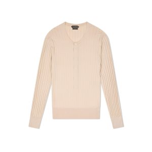 Tom Ford Silk Blend Henley Stickat Herr Vita | 740COKGEU