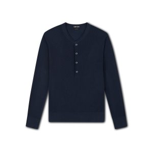 Tom Ford Silk Bomull Rib Henley Skjorta Herr Mörkblå | 629SBRTIV