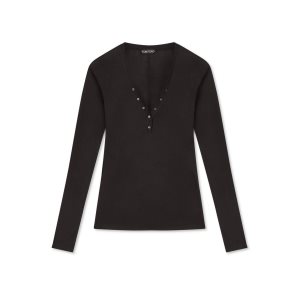 Tom Ford Silk Ull Jersey Henley Stickat Dam Svarta | 580NSAUYD